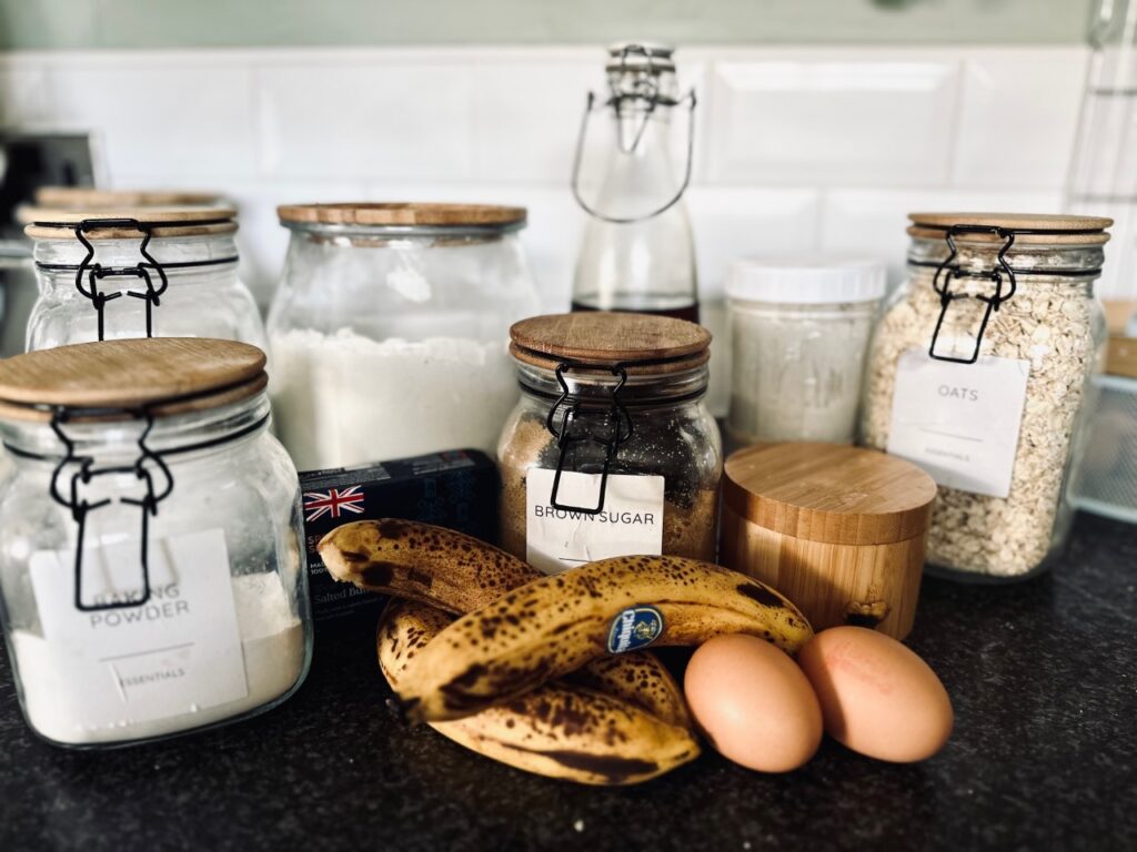 Ingredients for sourdough banana muffins on a work surface 