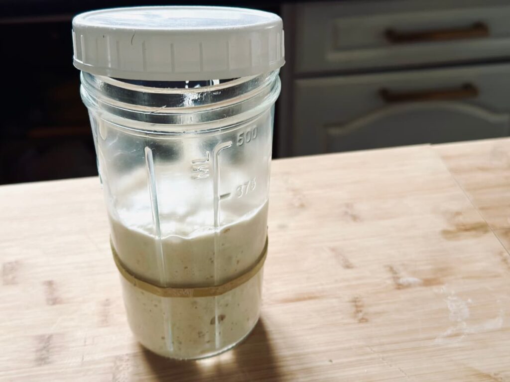 A jar of rising sourdough starter