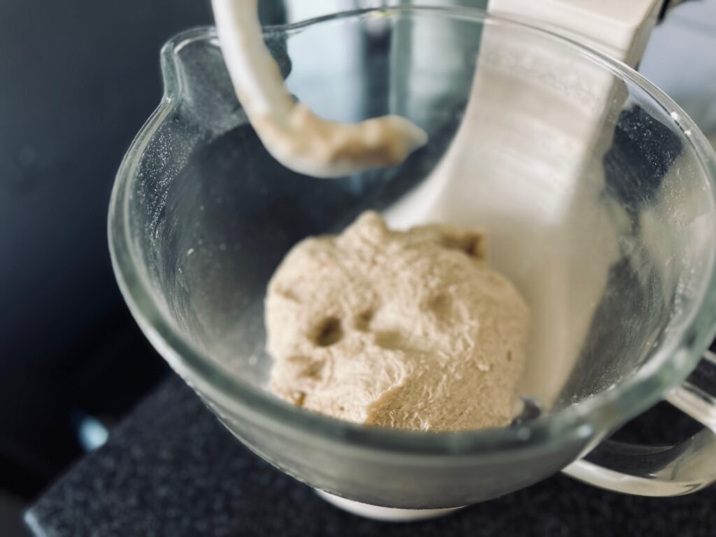 Mixed dough in a stand mixer