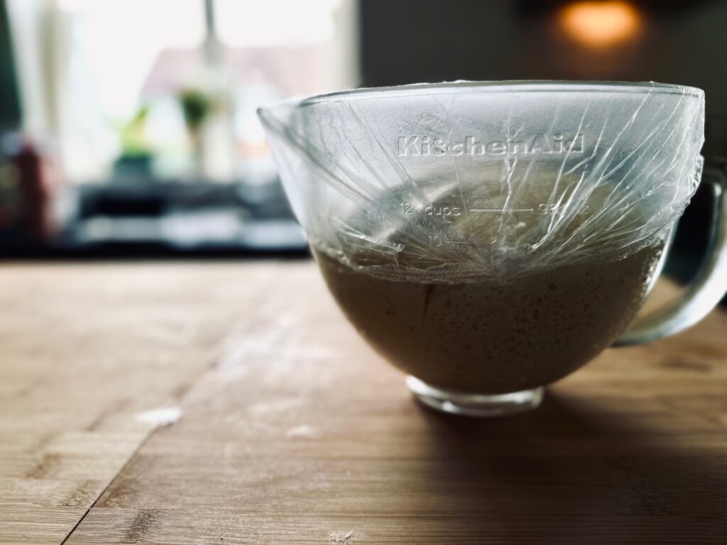 A side view of a mixing bowl covered in plastic containing risen dough