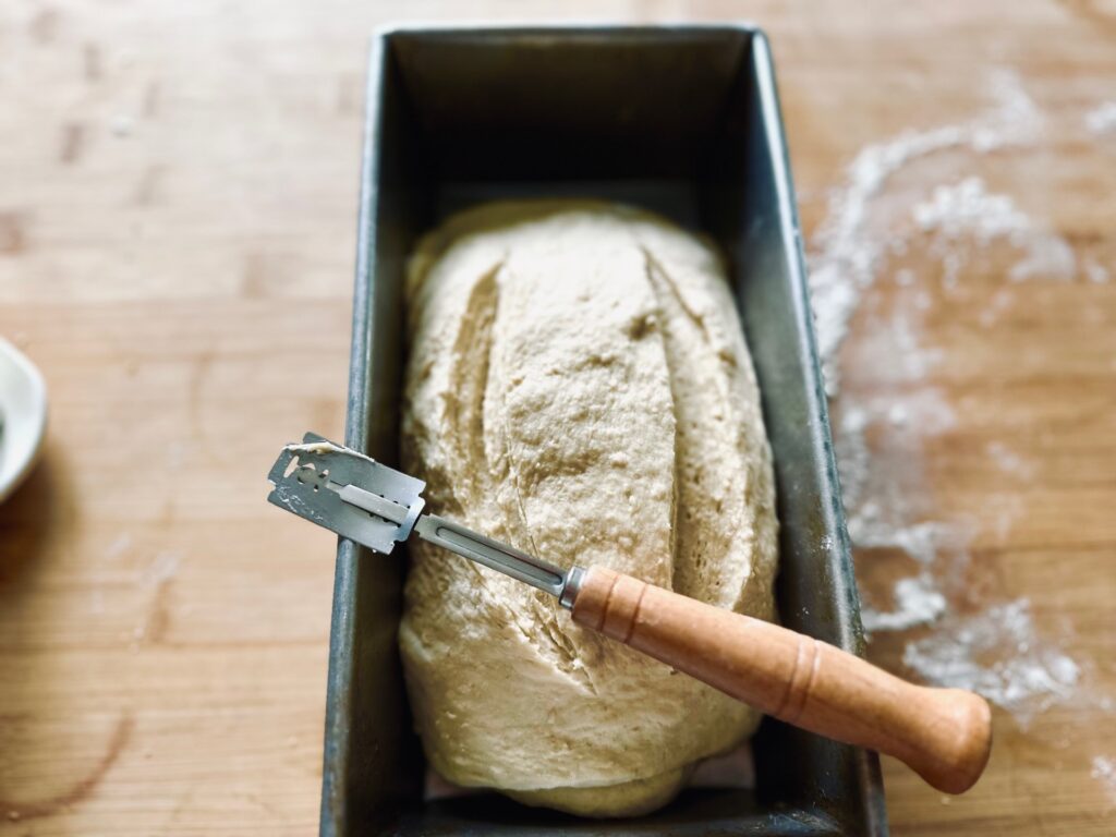 A loaf pan containing dough with a bread lame laid over the top