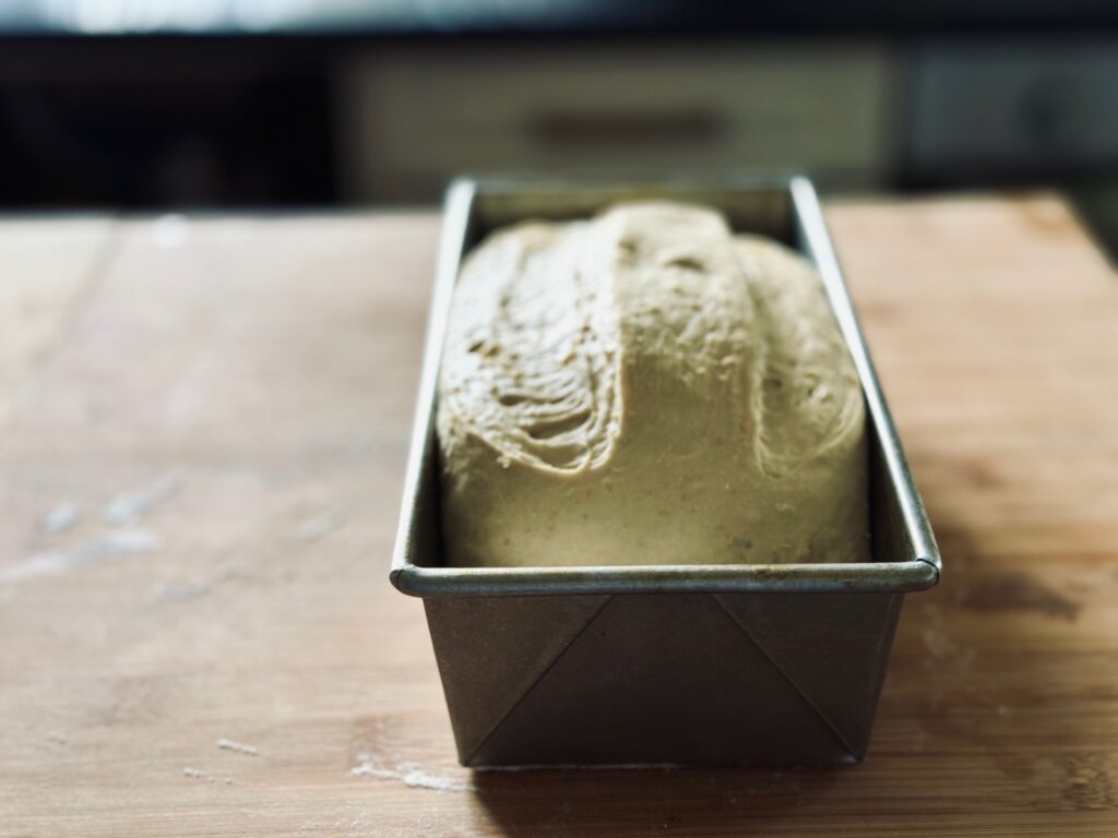 A loaf of bread proving in a metal loaf tin