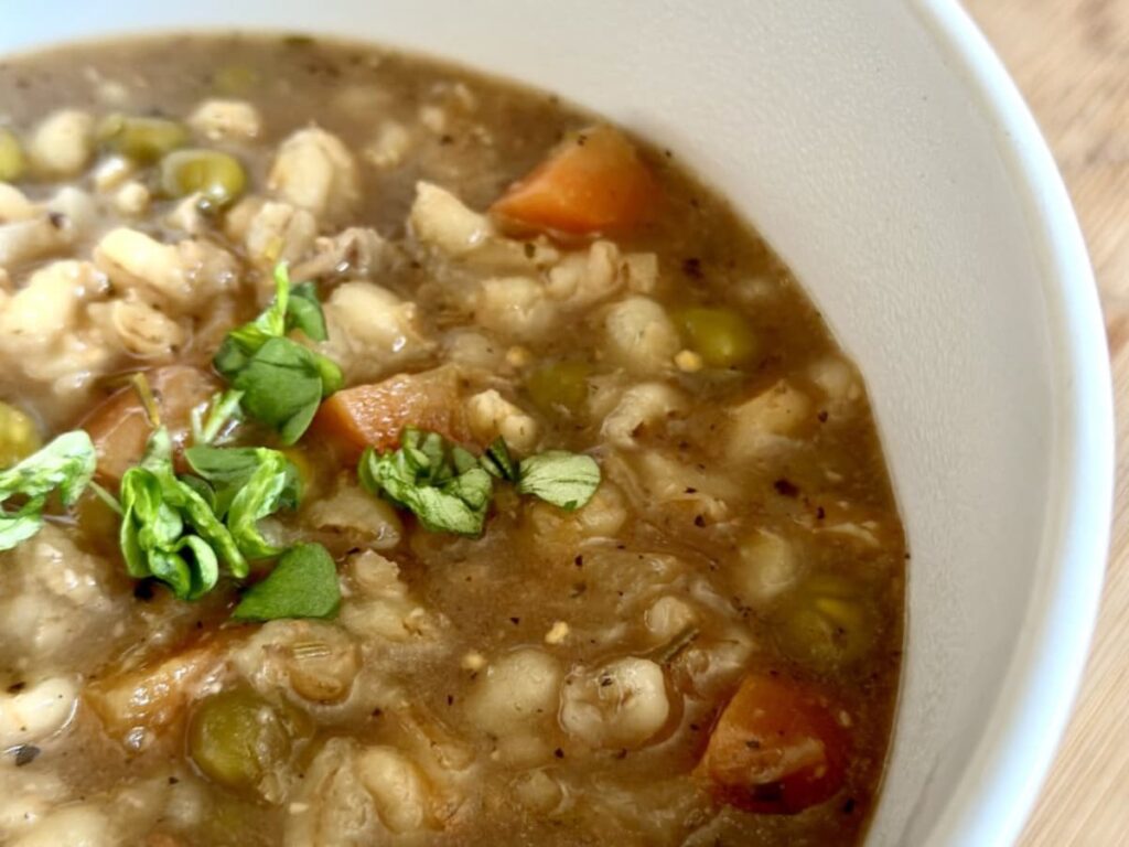 A bowl of slow cooked beef and barley stew