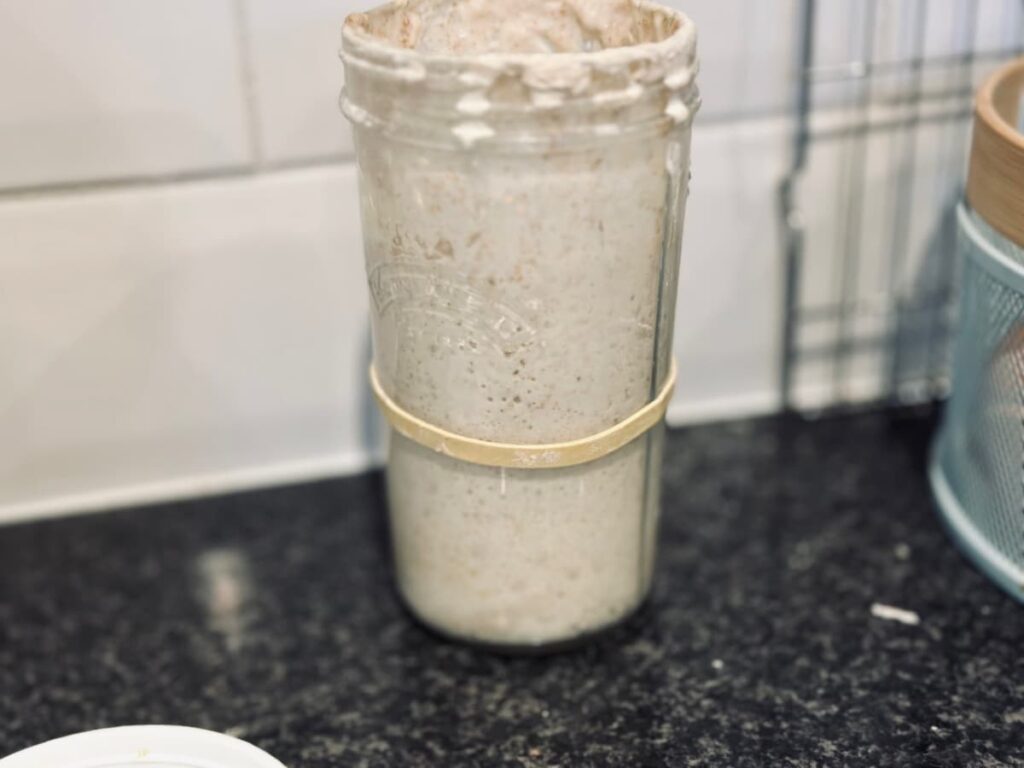 A jar of sourdough starter with an elastic band around on a work surface