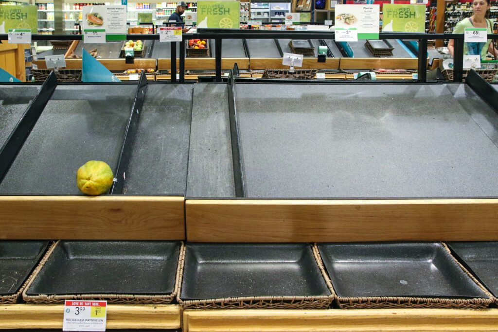 A picture of empty supermarket shelves