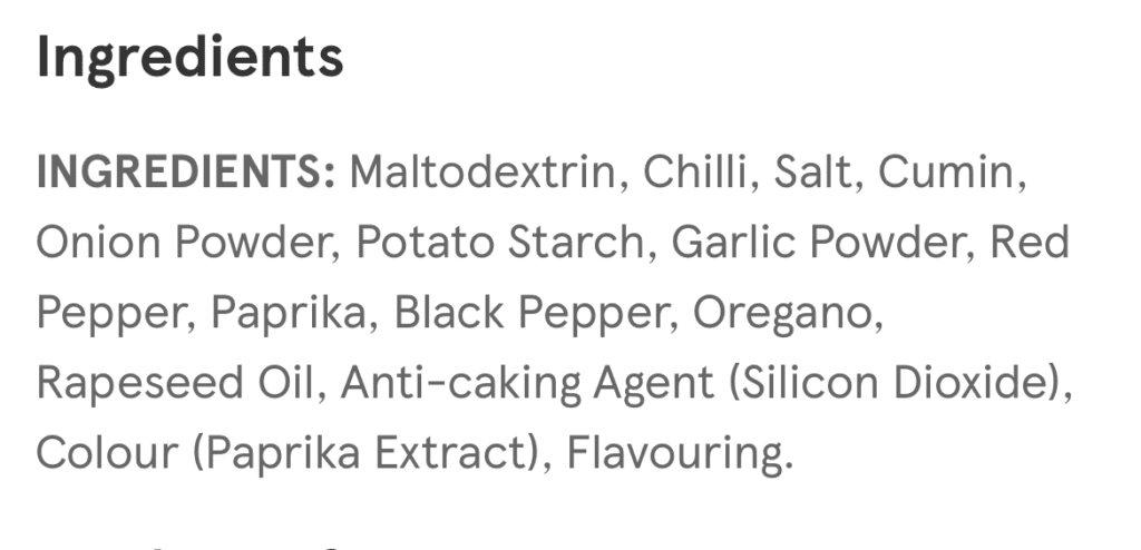 A list of Tesco taco seasoning ingredients