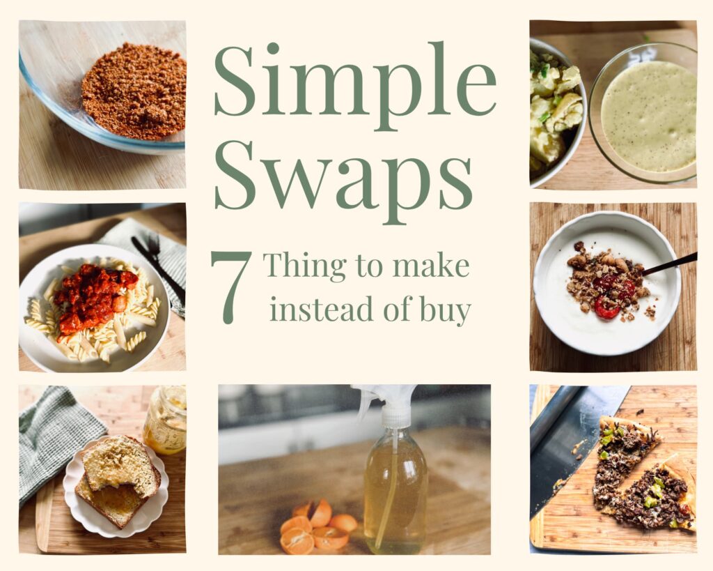 A collage of photos displaying simple swaps: 7 things to make instead of buy