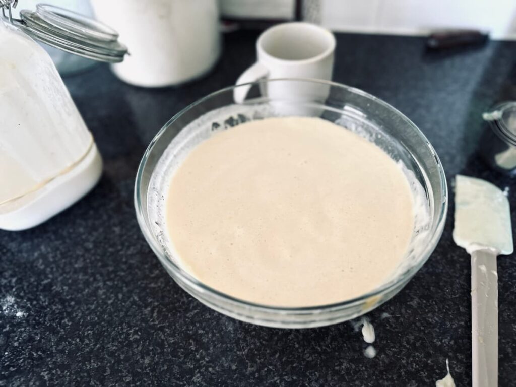 Puffy sourdough pancake batter in a bowl