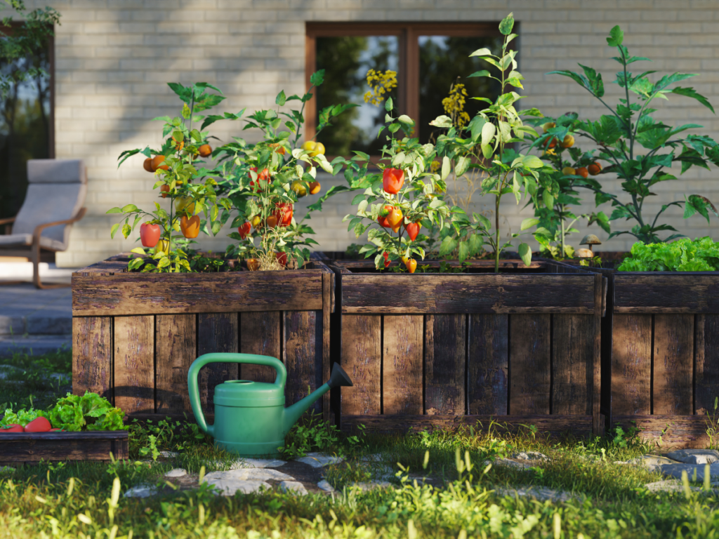 Raised planters on an urban homestead containing pepper plants, and a watering can next to them