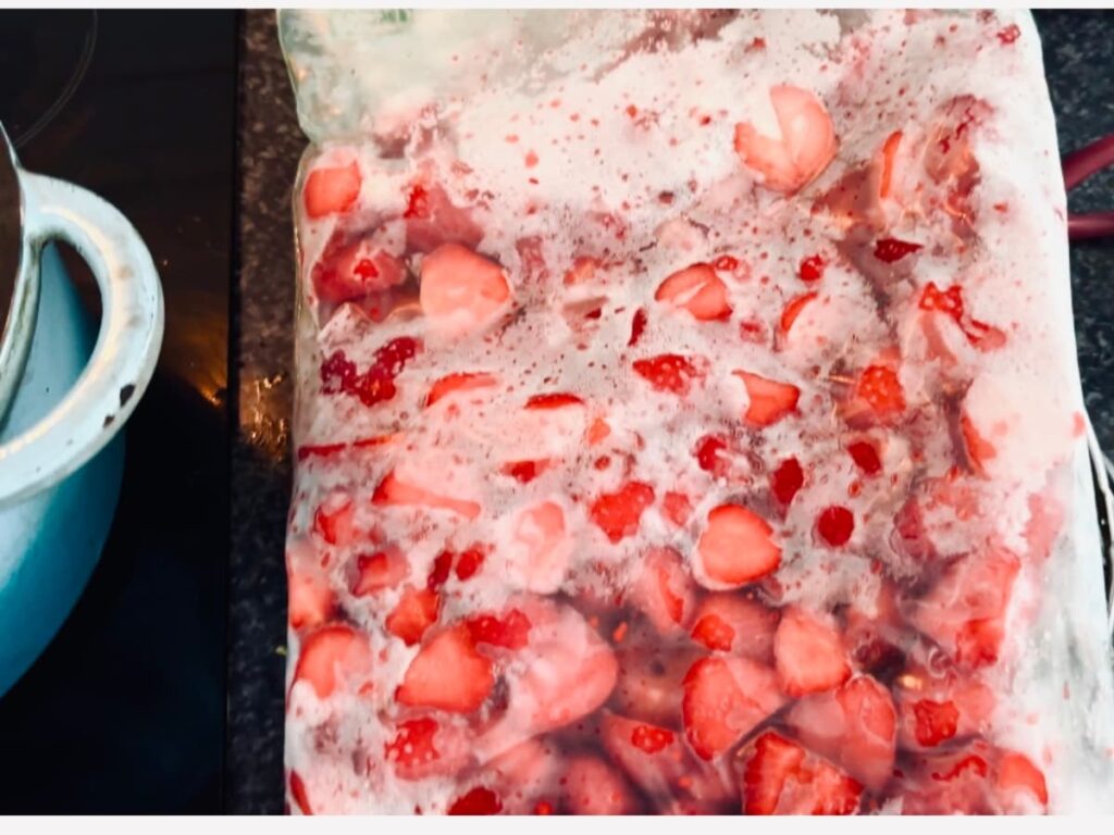 A bag of frozen strawberries