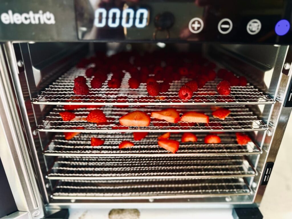 A dehydrator containing sliced strawberries