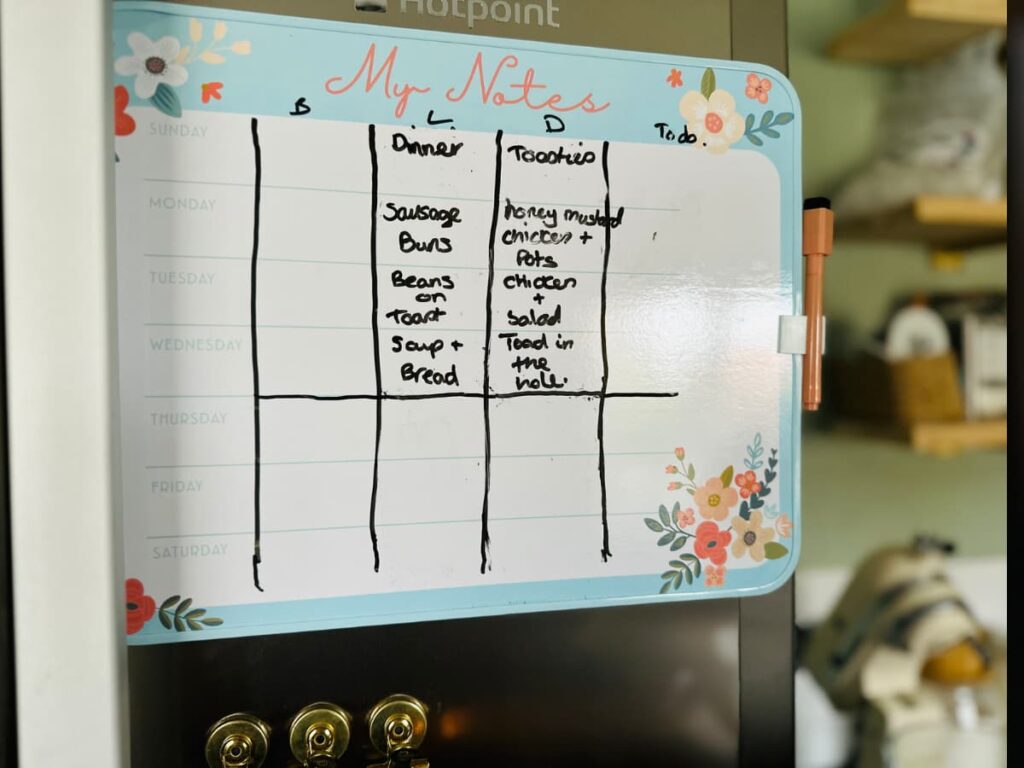 A wipe clean board on a fridge, with a hand written meal plan on it