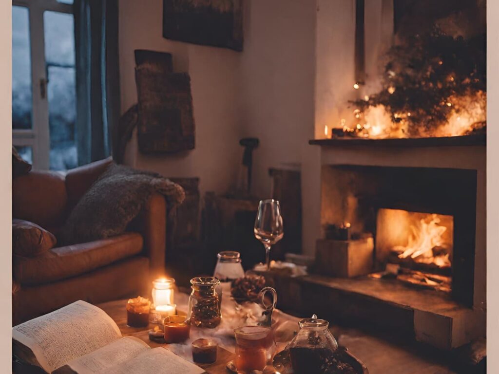 A Cosy room with a fire place and candles lit.