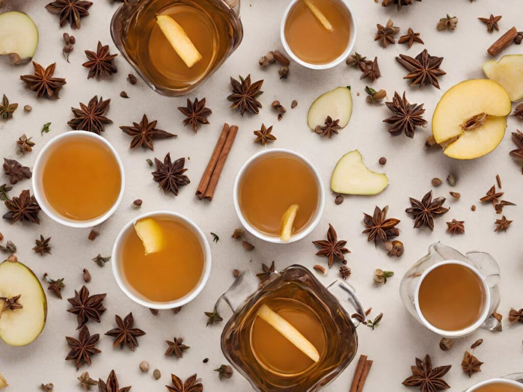 Multiple mugs and cups of spiced cider with scatter spices around them