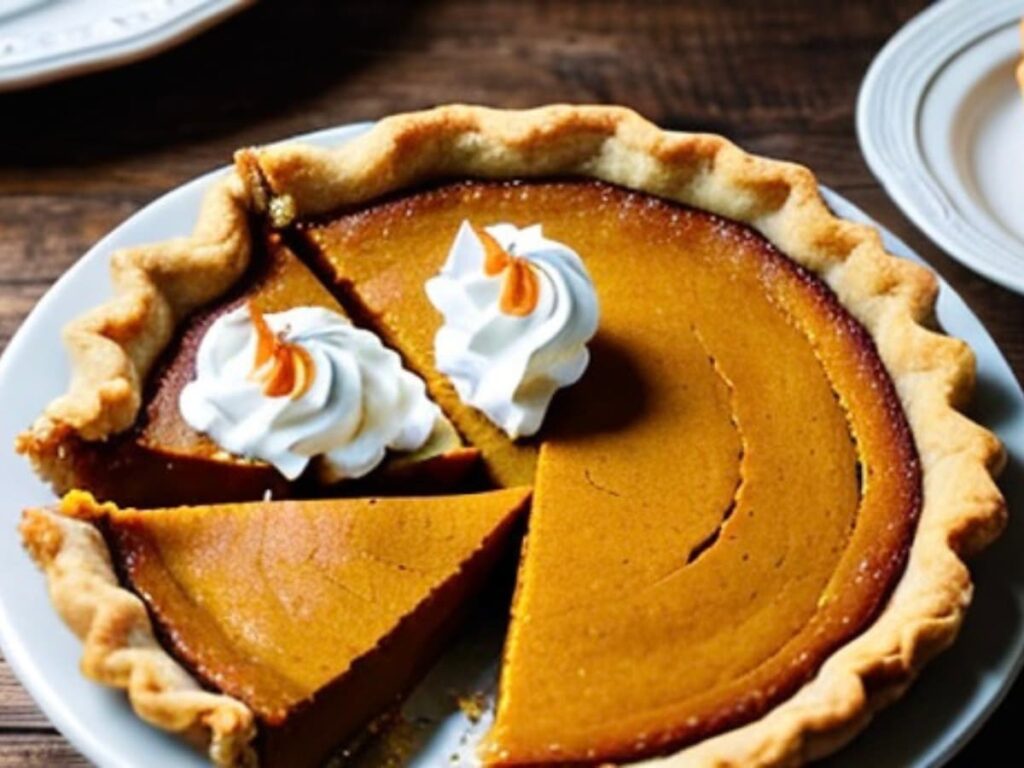 A pumpkin pie sliced and ready to be served