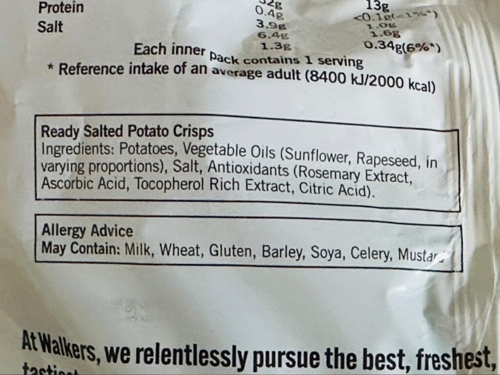 The ingredients on a packet of store bought ready salted crisps